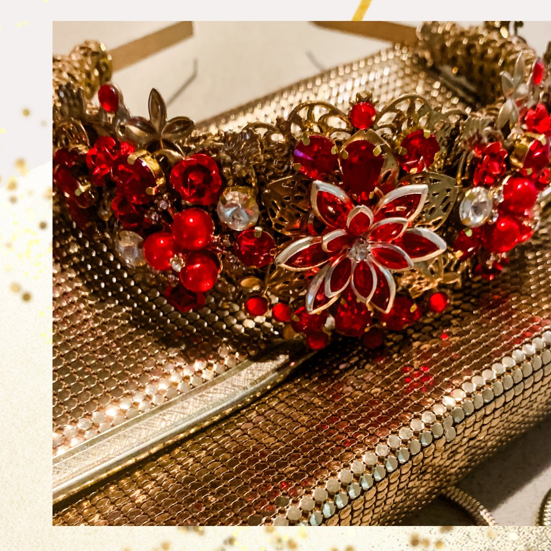 Red, green, gold and white mix of sparkling Christmas flowers with diamontes