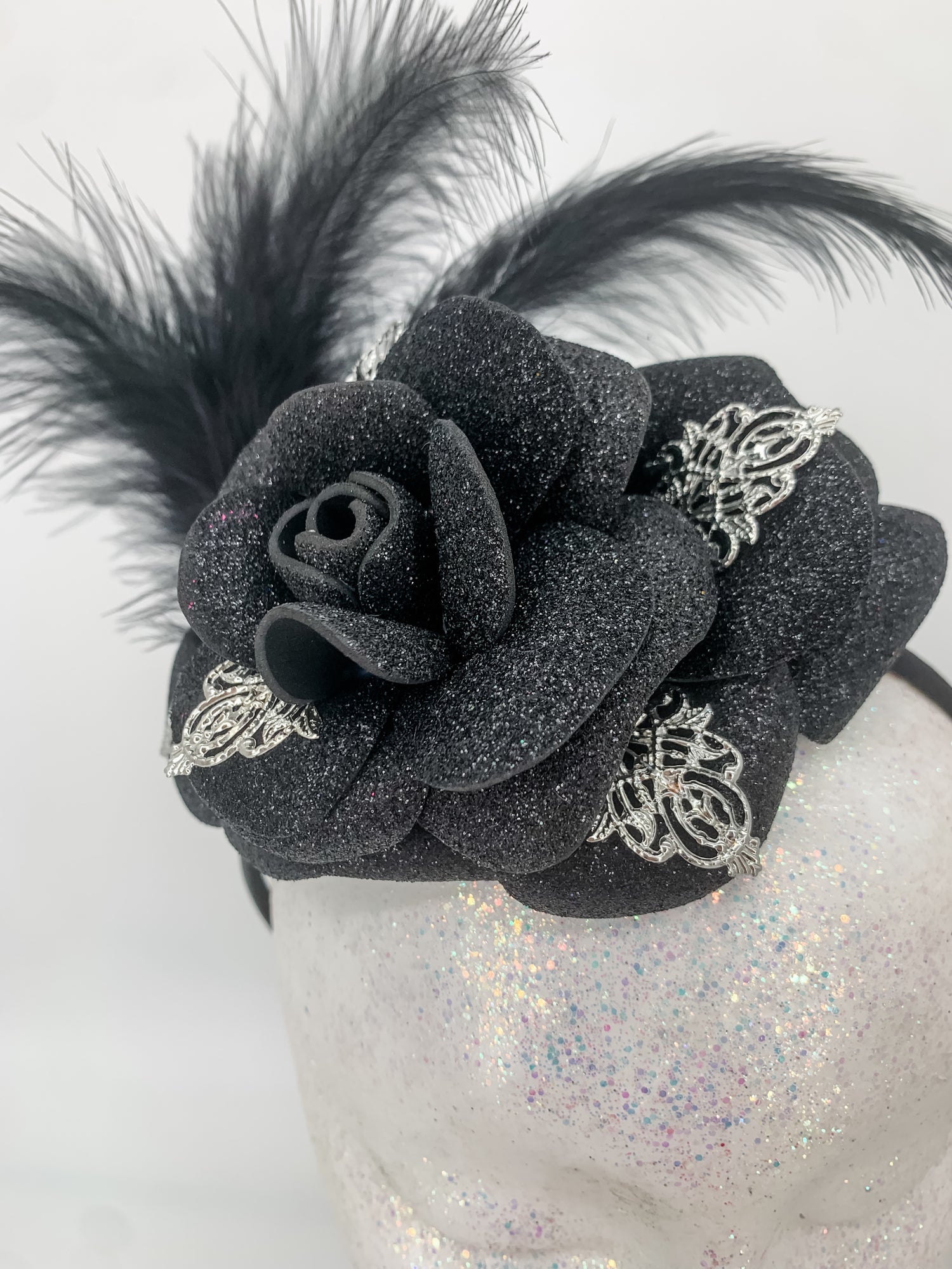 Foam Flower Fascinator- Black Noir feather Rose