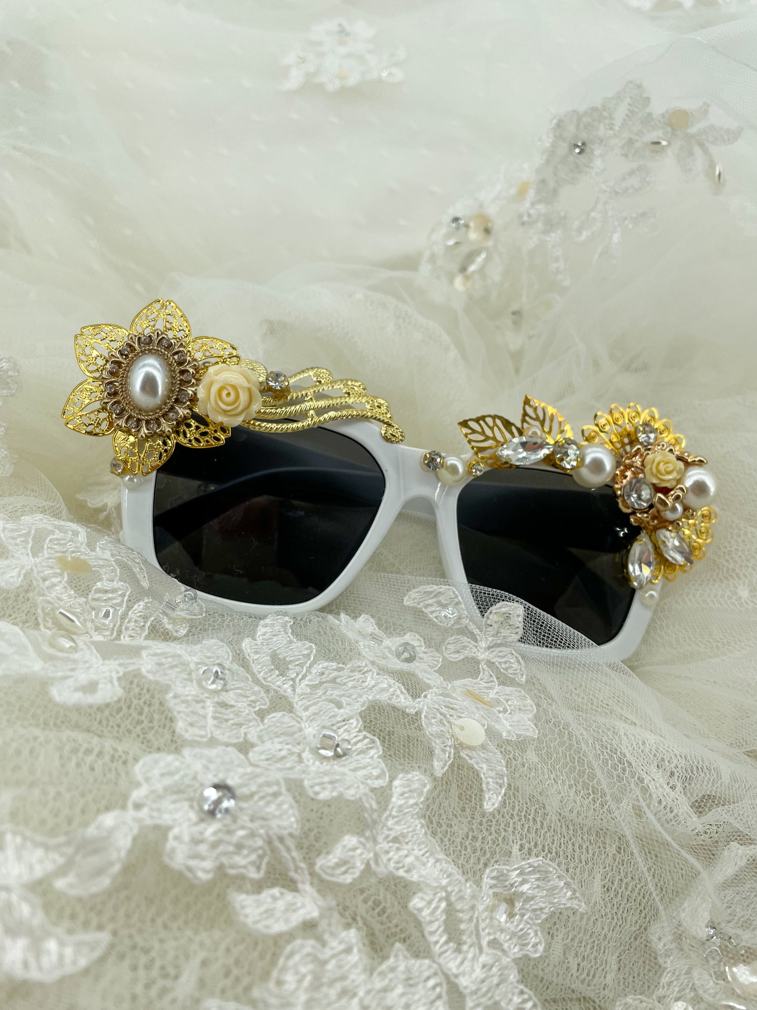 ADULT SIZE golden pearl embellished white Sunglasses