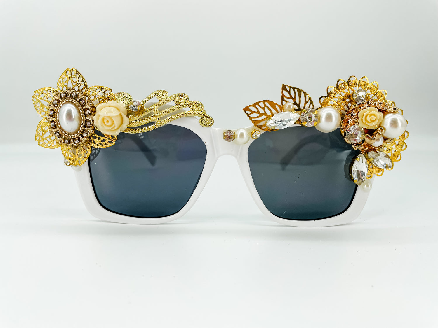 ADULT SIZE golden pearl embellished white Sunglasses