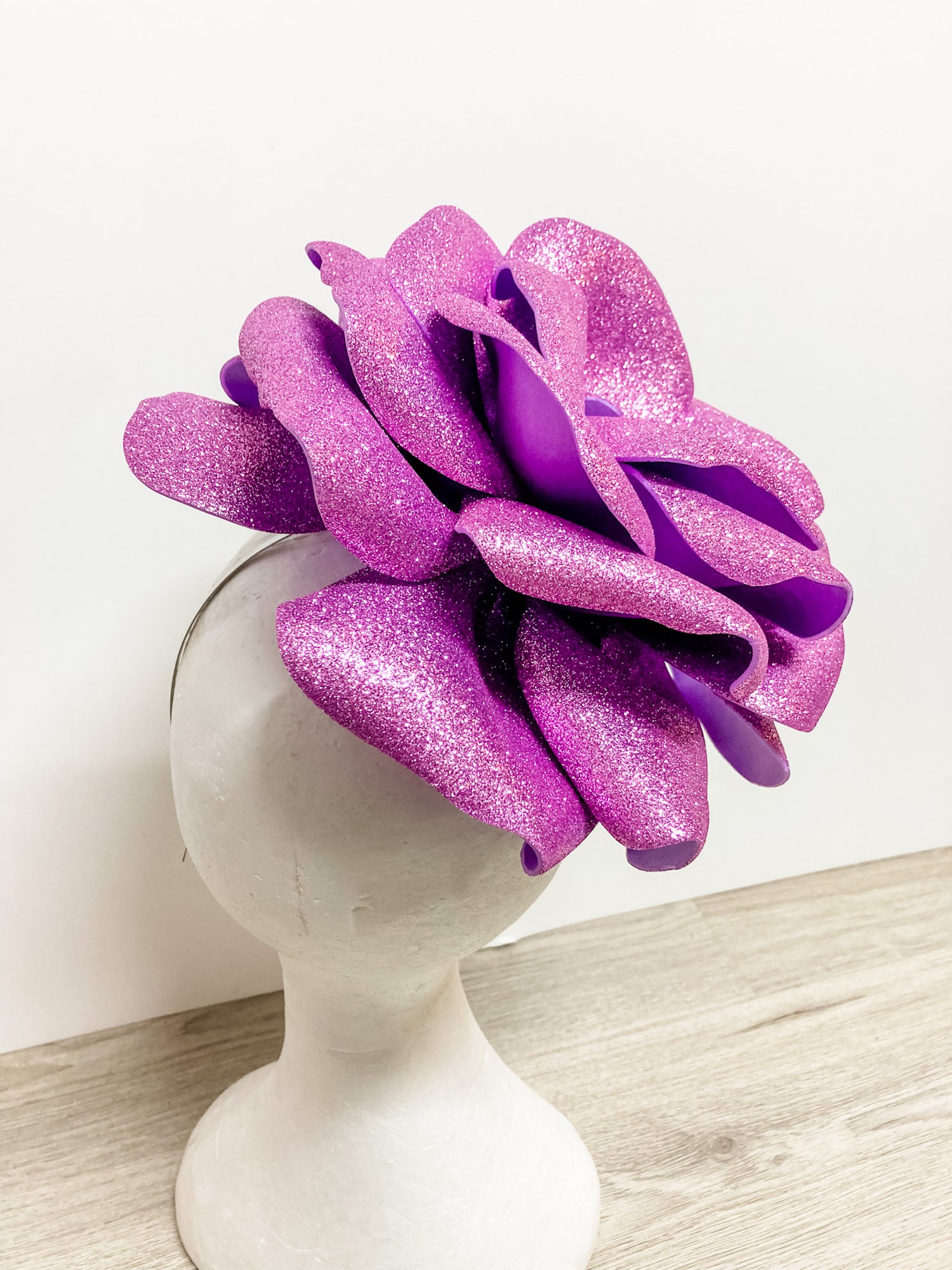 Giant Foam Flower Fascinator- Mauve Sparkle